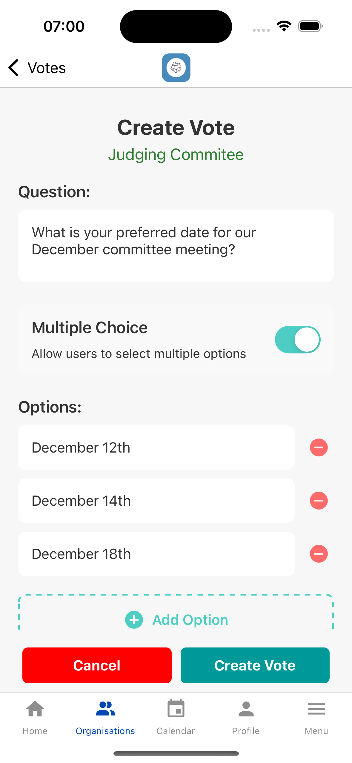 The Society App - Creating a Vote