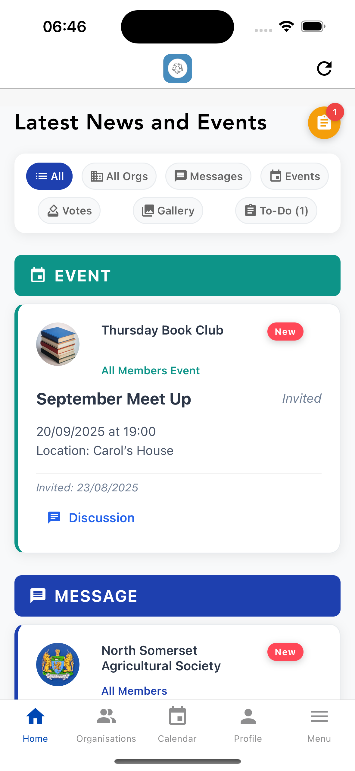 The Society App - Home Screen with Events